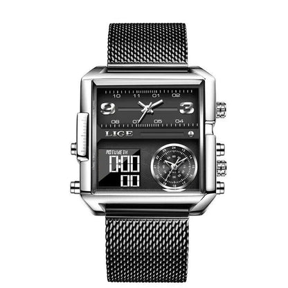 LIGE Luxury Original Men's Sports Wristwatch, Gold Quartz Movement, Stainless Steel, Waterproof, Dual Display, Clock, Relogio Masculino, Parallel Import