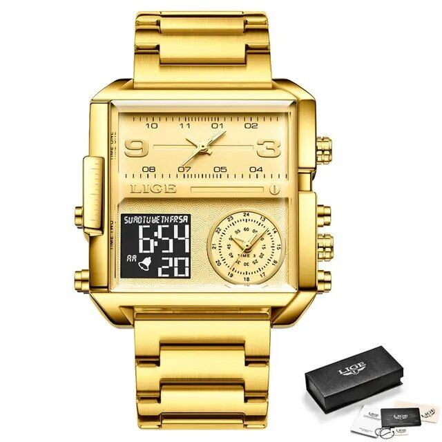 LIGE Luxury Original Men's Sports Wristwatch, Gold Quartz Movement, Stainless Steel, Waterproof, Dual Display, Clock, Relogio Masculino, Parallel Import