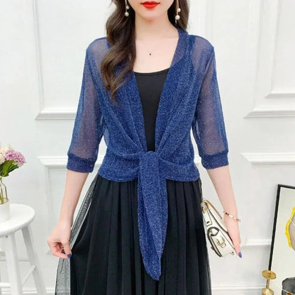 Glitter Tie-Up Open Front Shrug, Women's Cropped Shawl, Beachwear, Summer, Sun Protection, Air Conditioning Protection, Parallel Import