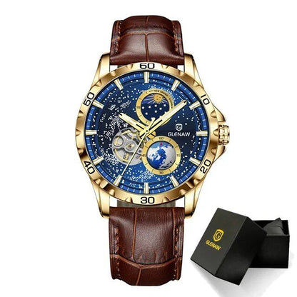 Grenau Men's Automatic Mechanical Watch with Rotating Earth Design, Double Second Hand, Starry Sky Design, Stainless Steel and Leather Strap, Color: Blue, Parallel Import