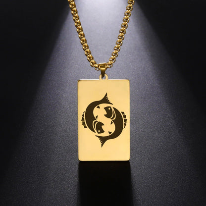 Men's 12 Zodiac Signs Pendant Necklace with Box Chain, Ancient Greek Style, Stainless Steel, Fade-Resistant, Zodiac Astrology Gift, 60cm Long; Metal Color: Parallel Import