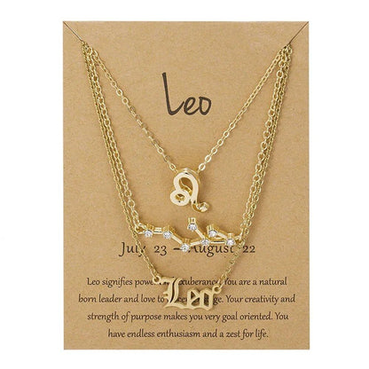 Set of 3 Women's 12 Zodiac Sign Necklaces with Pendant Chains, Chokers, Birthday Jewelry, Cardboard Cards, 45cm Long; Metal Color: 6252, Parallel Import