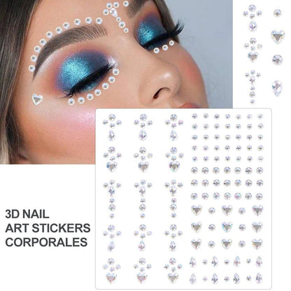 1/5/8-Piece 3D Face and Eye Tattoo Stickers for Party Makeup, Diamond Rhinestone Stickers, Self-Adhesive Mixed Crystal Face Decoration Stickers, Parallel Import