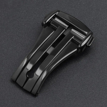 Folding butterfly buckle for 16mm, 18mm, and 20mm OMEGA Seamaster watches. 316L steel watch band clasp with matte and polished finish and double push-button strap. Band color: Parallel import.