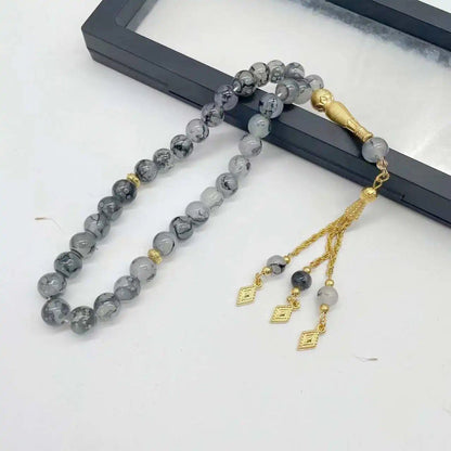 10mm 33玉タスビハ クリスタルガラスブレスレット ムスリムロザリータッセル イスラム祈り玉 タスビーフ マスバハ メディテーションビーズ 女性男性兼用 メタルカラー 並行輸入品