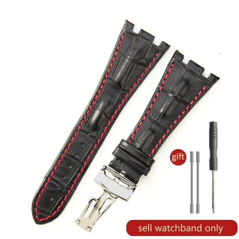 Sweat-resistant cowhide leather watch strap with folding buckle for AP Royal Oak Offshore models 15710, 15703, 15706, 26470, 26170, 26133, 26471, and 26474. Band Color: Brown; Band Width: 28mm. Imported.