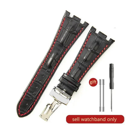 Sweat-resistant cowhide leather watch strap with folding buckle for AP Royal Oak Offshore models 15710, 15703, 15706, 26470, 26170, 26133, 26471, and 26474. Band Color: Brown; Band Width: 28mm. Imported.