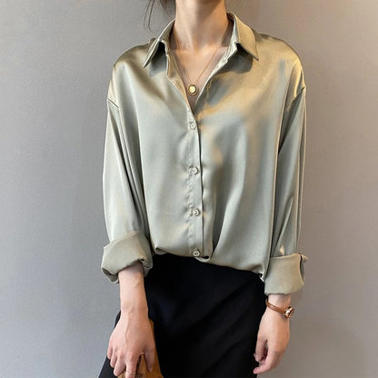 Elegant Satin Loose Dress Shirt with Turndown Collar for Spring and Fall, Vintage Casual Button-Down Silk Top, Size: Parallel Import