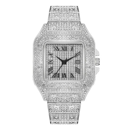 Luxury Classic Business Men's Watch with Steel Band, Square Shape, Roman Numerals, Rhinestones, Quartz Movement; Ships from: Parallel Import