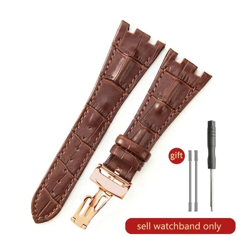 Sweat-resistant cowhide leather watch strap with folding buckle for AP Royal Oak Offshore models 15710, 15703, 15706, 26470, 26170, 26133, 26471, and 26474. Band Color: Brown; Band Width: 28mm. Imported.
