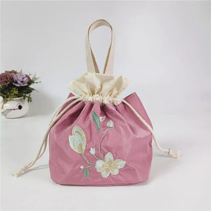 Satin Silk Embroidered Flower Handbag, Ruffle Mommy Bag, Hanfu Drawstring Bag, Korean Style Lunch Bag, Floral Bucket Bag, Outdoor Bag, Parallel Import