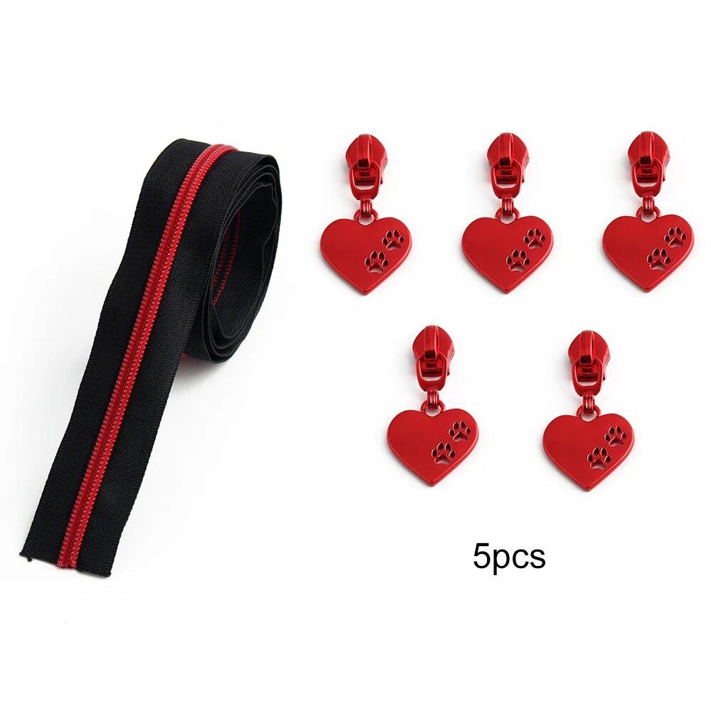 Set of 5 Beef Puller Sliders, 2 Yards, Black Fabric Chain Tees, Metal Zippers, Craft Supplies, DIY Wallet Materials, Size: 2 Yards, 5 Pull Tabs; Parallel Import