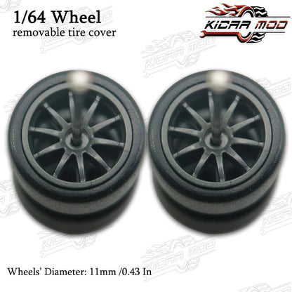 1/64 Scale RLC Premium Wheels with Rubber Slick Tires, 10-Spoke, 11mm Diameter, for Hot Wheels Model Cars (1 Set), Parallel Import