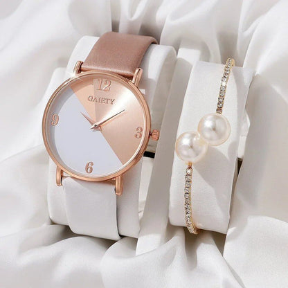 Luxury Women's Watch Set, Colorful PU Leather Strap Quartz Watch with Alloy Bracelet, Color: G-H160, Imported.