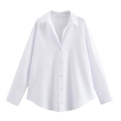 TRAF Women's Spring Cotton Oxford Long Sleeve Single-Breasted Lapel Blouse, Streetwear Shirt, Stylish Top, Size: Imported