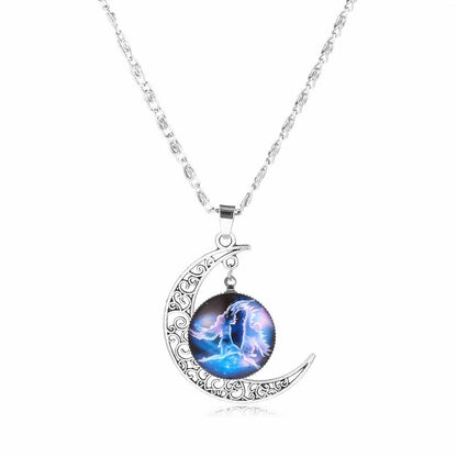 12 Zodiac Signs Glass Dome Crescent Moon Necklace for Women, Stylish Party Jewelry (Compatible with Aries, Taurus, Cancer, Aquarius, and Pisces), Metal Color, Parallel Import