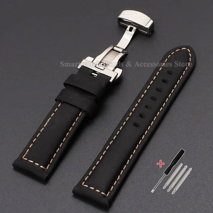 Vintage-style calf leather strap for Panerai and Seiko watches in sizes 20mm, 22mm, 24mm, and 26mm. Features a metal butterfly clasp. Band color: mm. Parallel import.