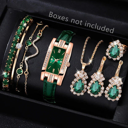 9-Piece Women's Green Watch Set, Trendy Fashion Square Dial Quartz Watch, Bracelet, Necklace, and Earrings Set, Holiday Gift, Color: Green, Parallel Import