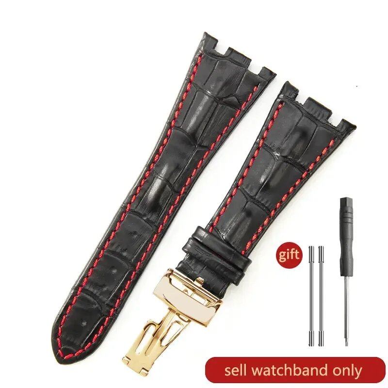 Sweat-resistant cowhide leather watch strap with folding buckle for AP Royal Oak Offshore models 15710, 15703, 15706, 26470, 26170, 26133, 26471, and 26474. Band Color: Brown; Band Width: 28mm. Imported.