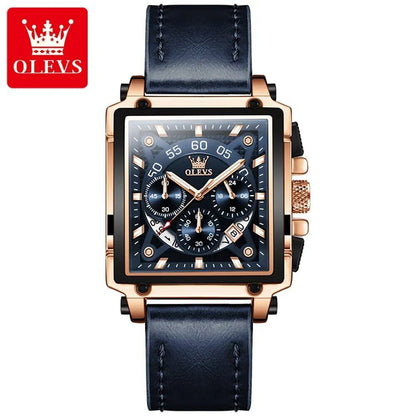 OLEVS Top Brand Men's Square Quartz Watch with Waterproof Leather Strap, Sports Clock for Men; Customization Unavailable, Parallel Import
