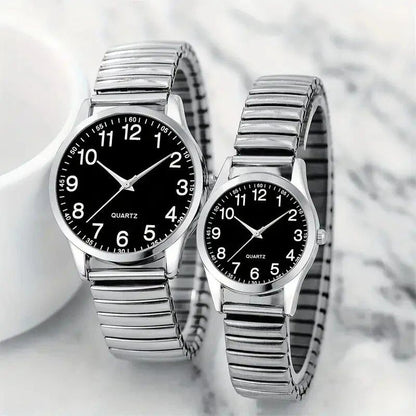 Set of 2 Black Alloy Arabic Numerals Quartz Watches for Men and Women, Elastic Elasto Band, Couple's Gift Set, Color: Parallel Import