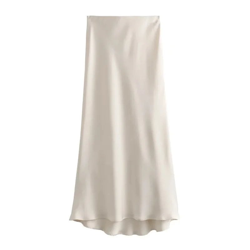 TRAF Women's 2024 High-Waisted Satin Skirt, Long, Summer, Black, Midi Length, Office, Elegant, Size: Parallel Import