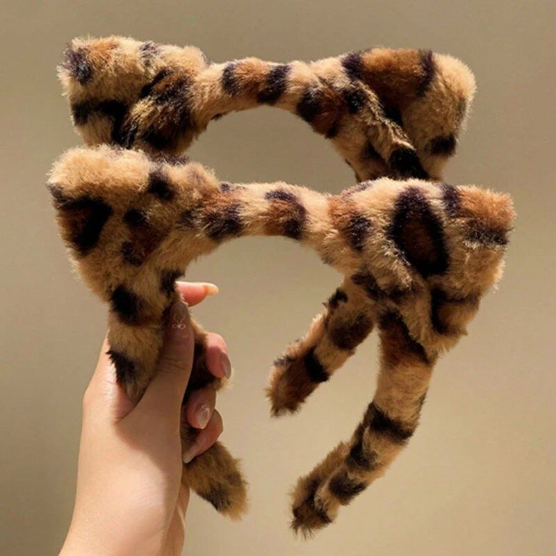 1/2-Piece Faux Fur Headwear Leopard Print Hair Accessory Hair Hoop for Washing Your Face Plush Hairband with Cat Ears for Parties (Parallel Import)