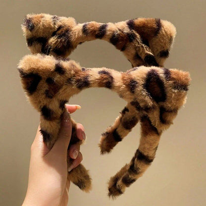 1/2-Piece Faux Fur Headwear Leopard Print Hair Accessory Hair Hoop for Washing Your Face Plush Hairband with Cat Ears for Parties (Parallel Import)
