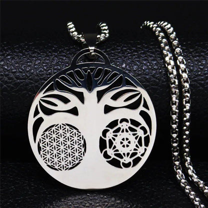 Yoga Flower of Life Buddhist Amulet Necklace, Stainless Steel, Spiritual Medal, Tree of Life Jewelry, Fleur de Vie, N3091, Metal Color: 50cm, Parallel Import