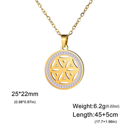 Skyrim Flower Seed of Life Necklace for Women, Stainless Steel with Clear Zircon Round Pendant, Sacred Geometry Spiritual Amulet Jewelry, Length: 45-50cm; Metal Color, Parallel Import