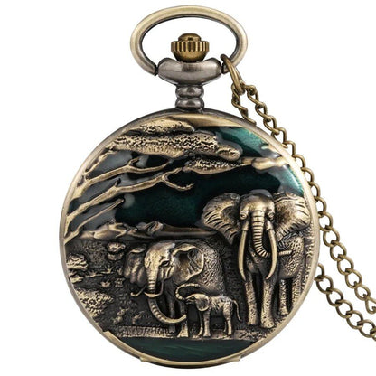 New Elephant Vivid Engraving Vintage Bronze Arabic Literal Quartz Large Pocket Watch with Sweater Chain, Pendant Clock for Men and Women, Gift, Color: Bronze, Parallel Import