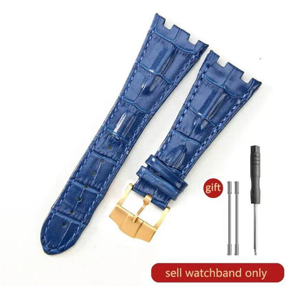 Sweat-resistant cowhide leather watch strap with folding buckle for AP Royal Oak Offshore models 15710, 15703, 15706, 26470, 26170, 26133, 26471, and 26474. Band Color: Brown; Band Width: 28mm. Imported.
