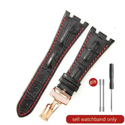 Sweat-resistant cowhide leather watch strap with folding buckle for AP Royal Oak Offshore models 15710, 15703, 15706, 26470, 26170, 26133, 26471, and 26474. Band Color: Brown; Band Width: 28mm. Imported.