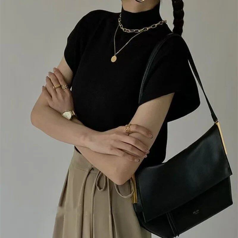 [SALE] 1-Piece Shirt &amp; Blouse, Office Lady, Summer, Women's, Stand Collar, Knit Vest, Loose, Elegant Top, Short Sleeve, One Size; Parallel Import