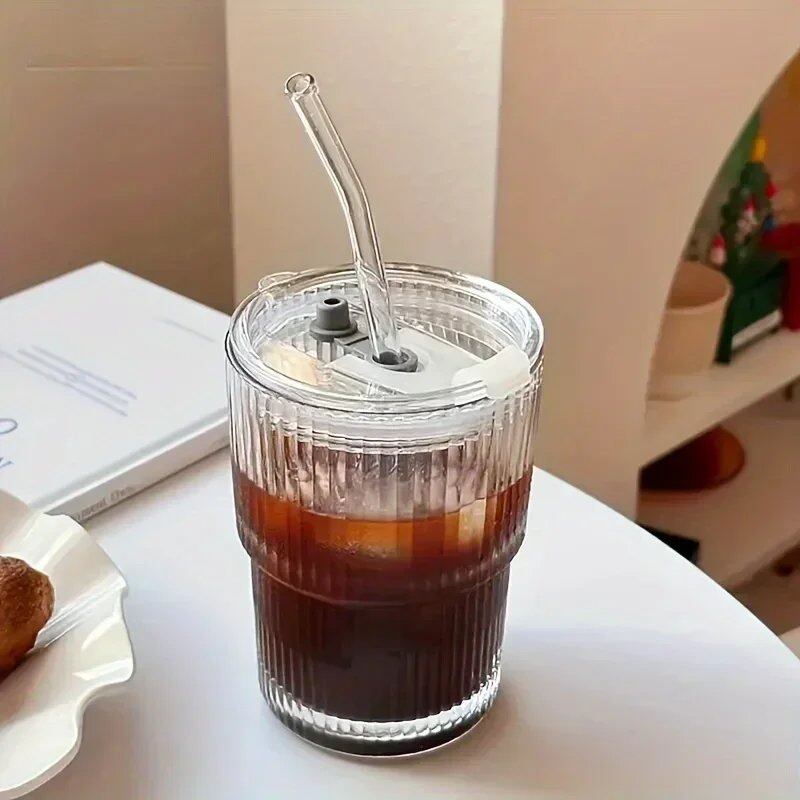 Set of 1/2 450ml Striped Glasses, Clear Glass with Lid, for Iced Coffee, Tea, Juice, Milk, or Drinkware, with Straws, Color: Black; Capacity: 401-500ml, Parallel Import