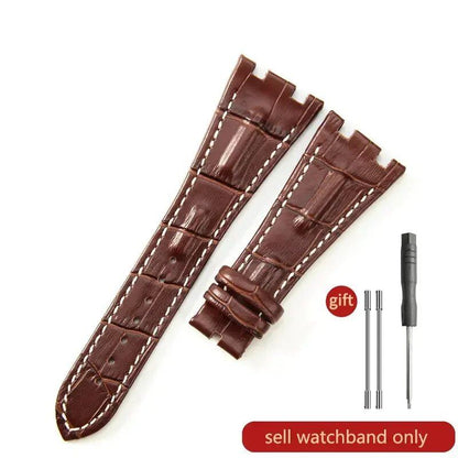 Sweat-resistant cowhide leather watch strap with folding buckle for AP Royal Oak Offshore models 15710, 15703, 15706, 26470, 26170, 26133, 26471, and 26474. Band Color: Brown; Band Width: 28mm. Imported.