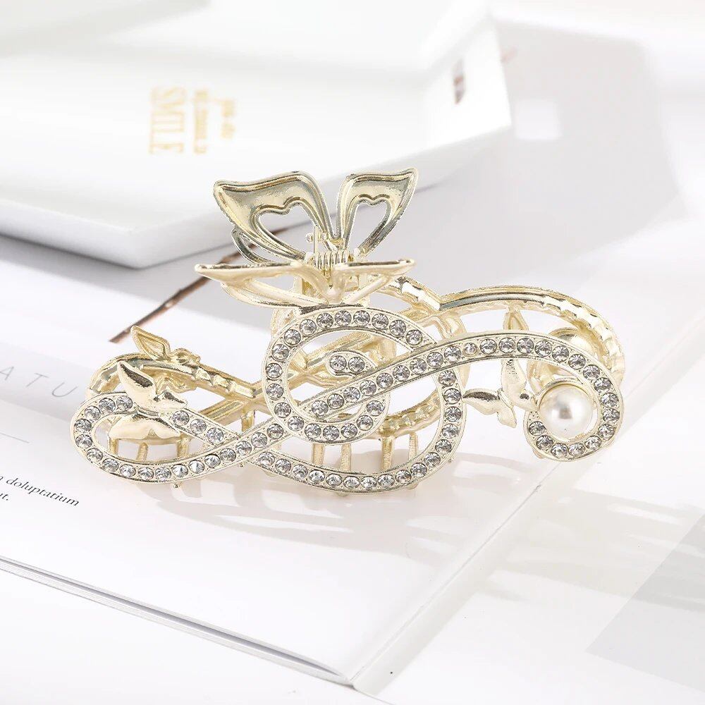 10.5cm Note Hairpin for Women, Shiny Color, Ponytail Hair Claw, Pearl, Rhinestone, Butterfly Hair Accessory, Parallel Import