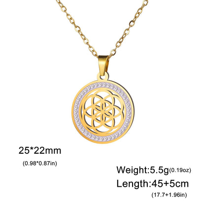 Skyrim Flower Seed of Life Necklace for Women, Stainless Steel with Clear Zircon Round Pendant, Sacred Geometry Spiritual Amulet Jewelry, Length: 45-50cm; Metal Color, Parallel Import