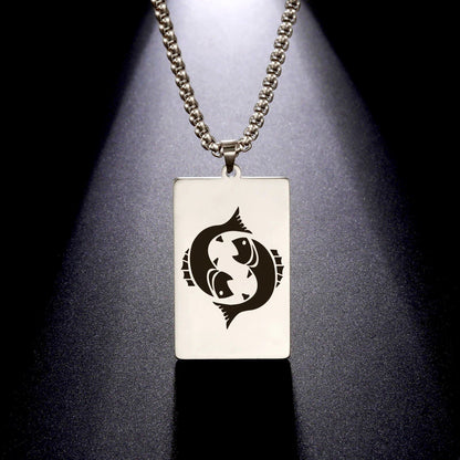 Men's 12 Zodiac Signs Pendant Necklace with Box Chain, Ancient Greek Style, Stainless Steel, Fade-Resistant, Zodiac Astrology Gift, 60cm Long; Metal Color: Parallel Import