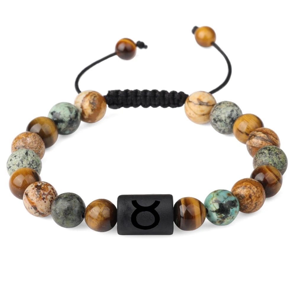 12 Zodiac Sign Beaded Bracelet, Natural Tiger Eye Stone, Zodiac Sign Bracelet for Men and Women, Charm Jewelry, Gift, Metal Color: Parallel Import