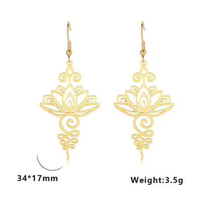 Stainless Steel Lotus Flower Earrings, Spiritual Chakra, Unalome Symbol Drop, Women's, Yoga, Buddhism, Unique Jewelry, Gemstone Color: Color, Parallel Import