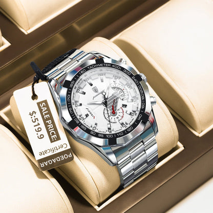 POEDAGAR Business Military Style Waterproof Men's Watch with Luminous Movement and Calendar, Stainless Steel Quartz Movement, Color: 1801 Silver, Parallel Import