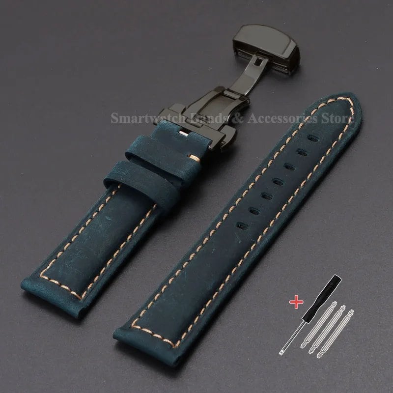 Vintage-style calf leather strap for Panerai and Seiko watches in sizes 20mm, 22mm, 24mm, and 26mm. Features a metal butterfly clasp. Band color: mm. Parallel import.