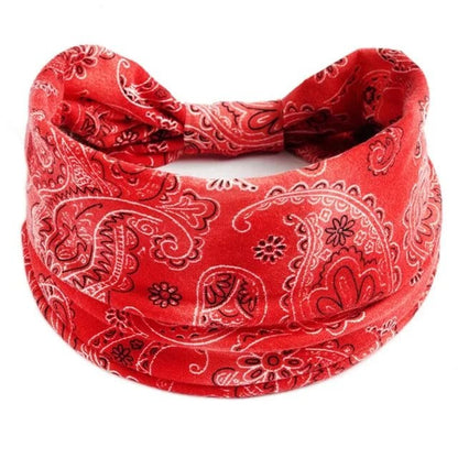 New Boho Floral Print Wide Headband with Vintage Knot Elastic Turban Headwrap for Women and Girls, Cotton Soft Bandana Hair Accessory, Parallel Import
