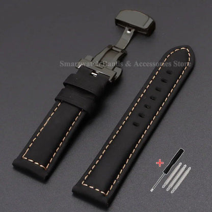 Vintage-style calf leather strap for Panerai and Seiko watches in sizes 20mm, 22mm, 24mm, and 26mm. Features a metal butterfly clasp. Band color: mm. Parallel import.