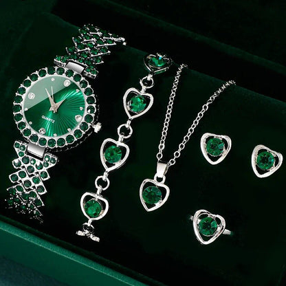 Women's Fashion Heart Rhinestone Watch, Ring, Necklace, and Earrings Jewelry Set, Luxury Dress Quartz Wristwatch, Simple and Elegant, Gift, Color: Green, Parallel Import