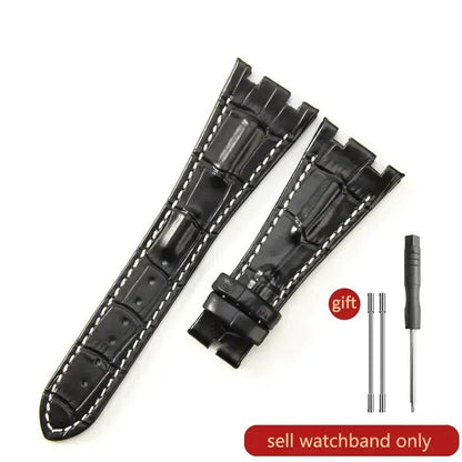 Sweat-resistant cowhide leather watch strap with folding buckle for AP Royal Oak Offshore models 15710, 15703, 15706, 26470, 26170, 26133, 26471, and 26474. Band Color: Brown; Band Width: 28mm. Imported.