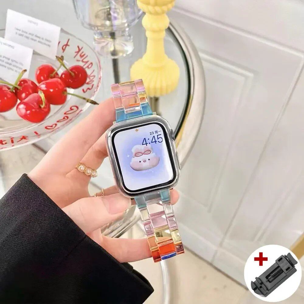 Rainbow Resin Transparent Band for Apple Watch Ultra 2 (49mm, 10, 46mm, 7, 8, 9, 41, 45mm, 38, 40, 42, 44mm) - iWatch SE, 6, 5 Strap. Band Color: ; Ships from: Parallel Import