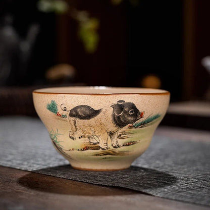 12-Style Zodiac Ceramic Teacup Set, Animal Bowls for Tea Ceremony, Tiger Teacups, and Kung Fu Tea Cups; 130ml Capacity, Imported