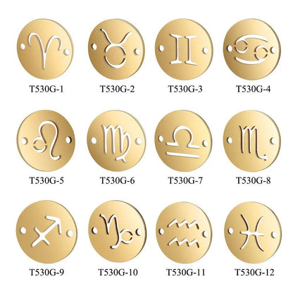 Set of 10 12mm Gold-Colored Round Zodiac Charms, 12 Zodiac Signs, 2-Hole DIY Bracelet Chain Connectors, Metal Color, Parallel Import